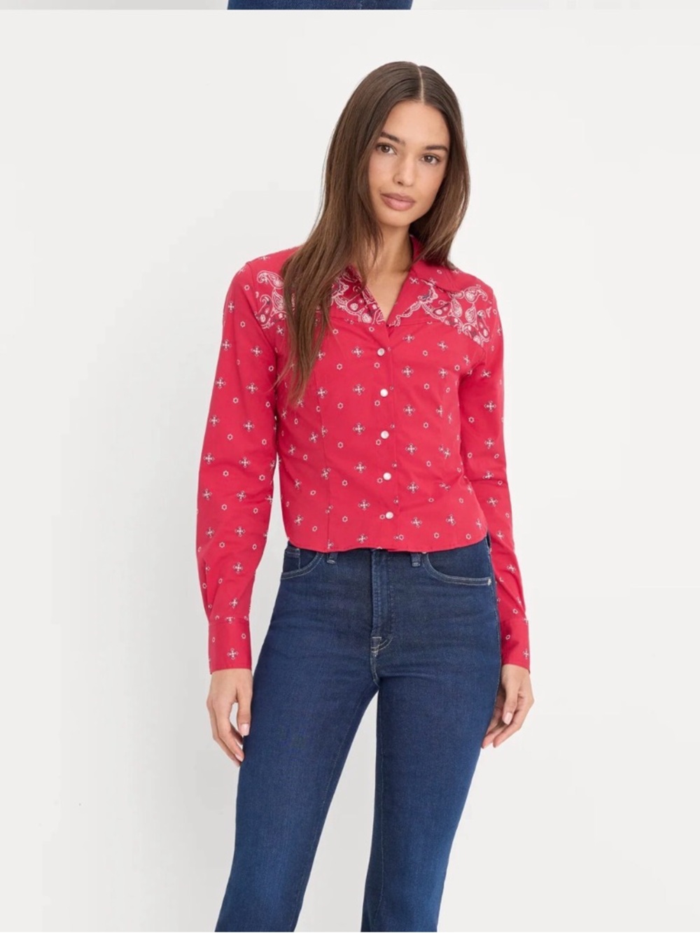 Good American Red Dolly Tailored Poplin Western-Print Button Down Shirt